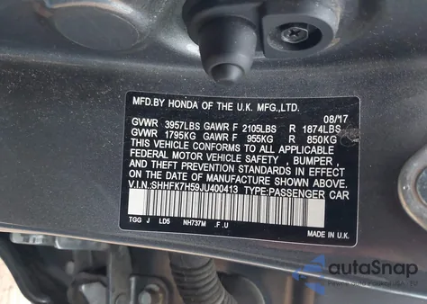 2018 Honda Civic Ex из США, поврежденный, VIN SHHFK7H59JU400413